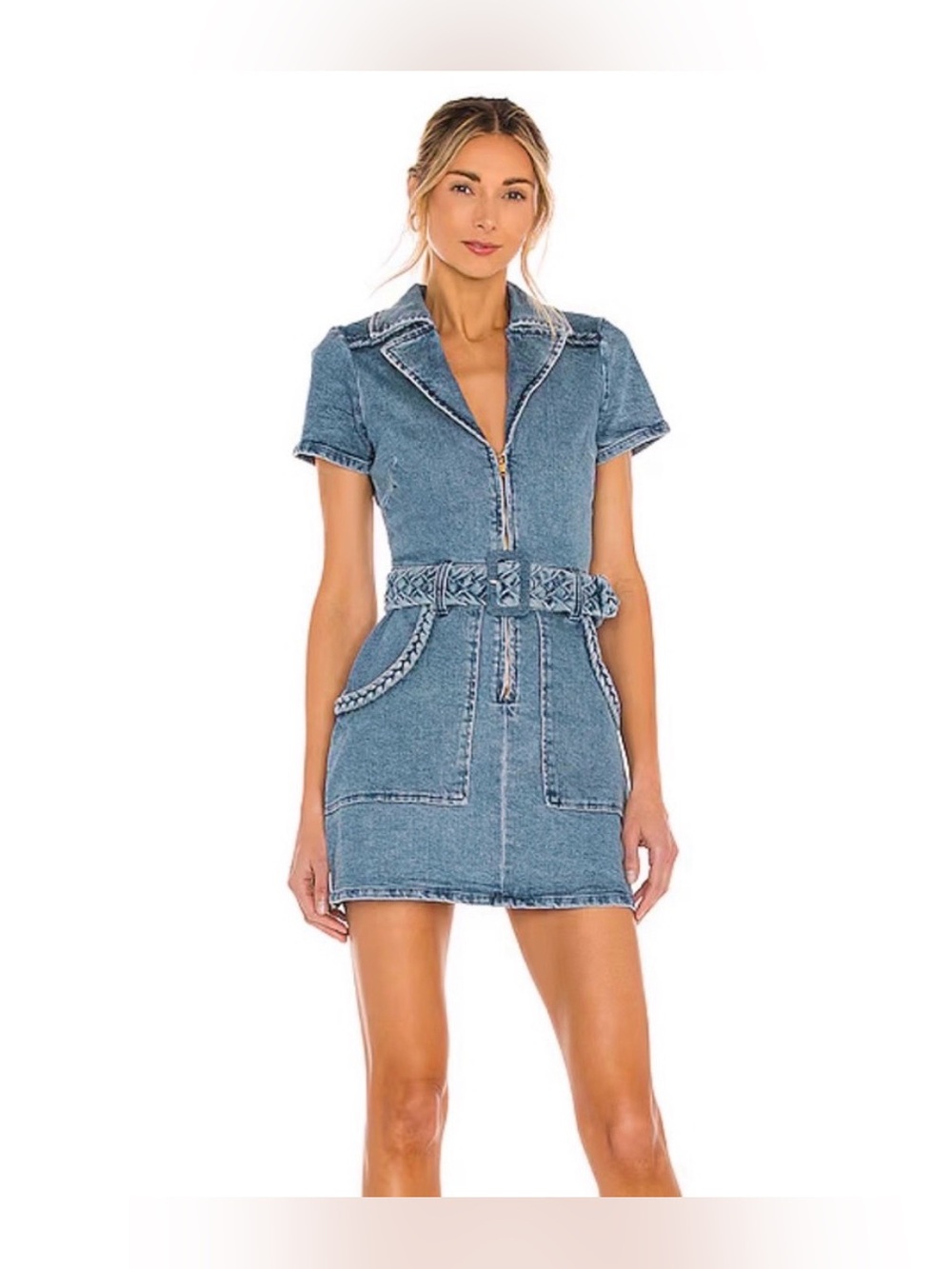 Show Me Your MuMu Light Wash Denim Mini Dress with Braided Belt - Picture 1 of 8
